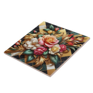 Elegant Arrangement of Colourful Roses and Foliage Ceramic Tile