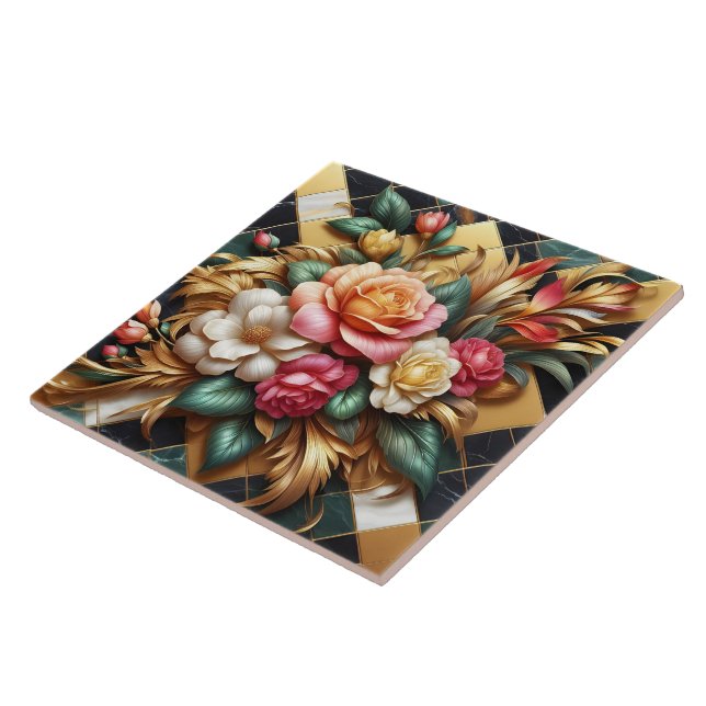 Elegant Arrangement of Colourful Roses and Foliage Ceramic Tile (Side)