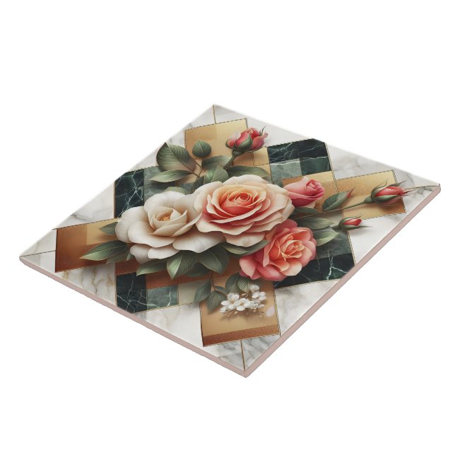 Elegant Arrangement of Colourful Roses on Marble Ceramic Tile (Side)