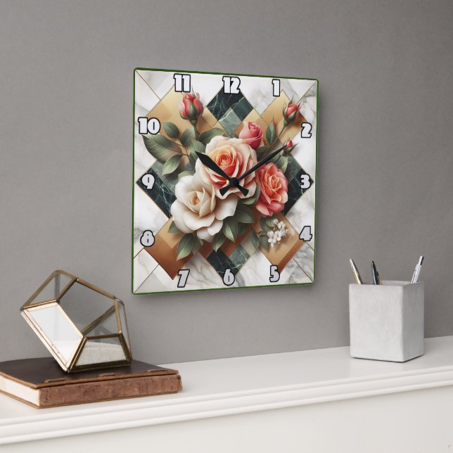 Elegant Arrangement of Colourful Roses on Marble Square Wall Clock (Office)