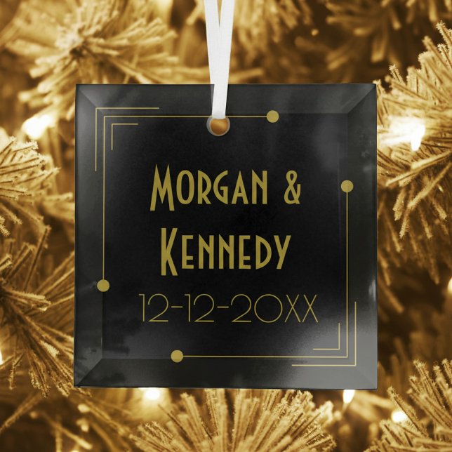 Elegant Art Deco 1920s Wedding Anniversary Glass Tree Decoration (Add your name and wedding date to this Art Deco inspired glass ornament)