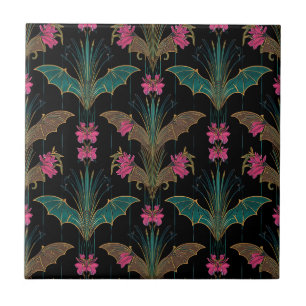 Elegant Art Deco bats and flowers -Teal gold black Ceramic Tile