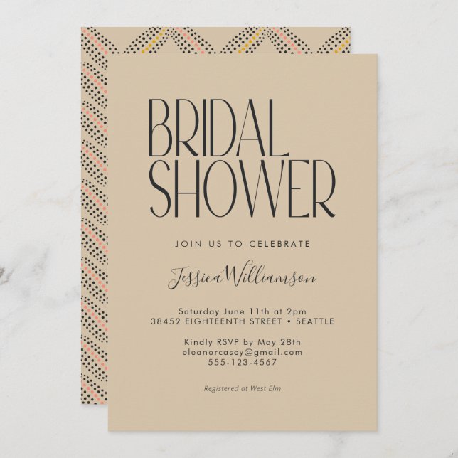 Elegant Art Deco Beige Black Text Bridal Shower  Invitation (Front/Back)