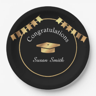 Elegant Art Deco Black and Gold Graduation Paper Plate