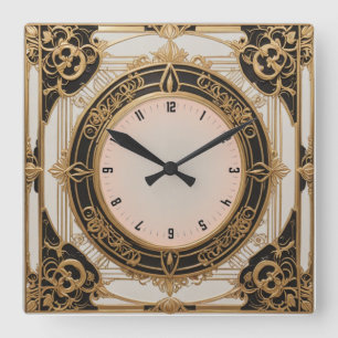Elegant Art Deco black and gold Square Wall Clock