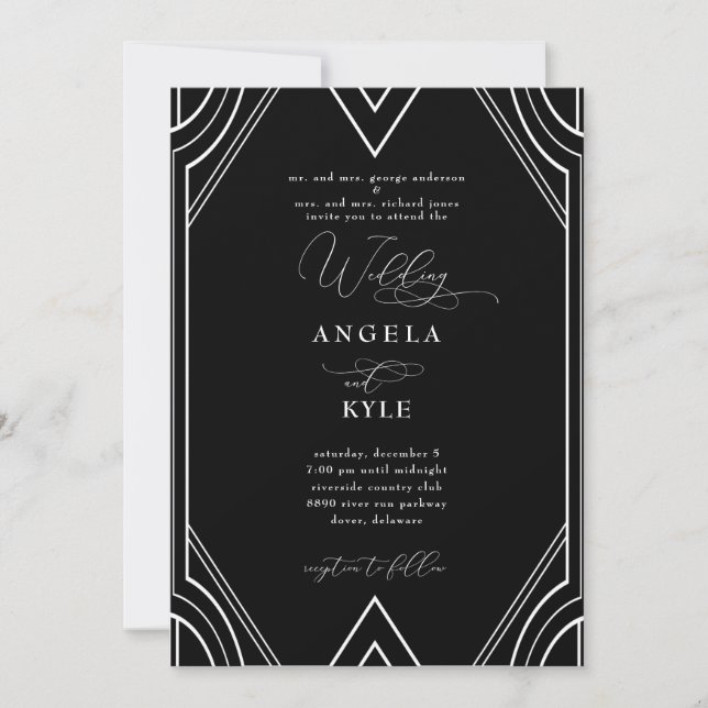 Elegant Art Deco Black and White Wedding  Invitation (Front)