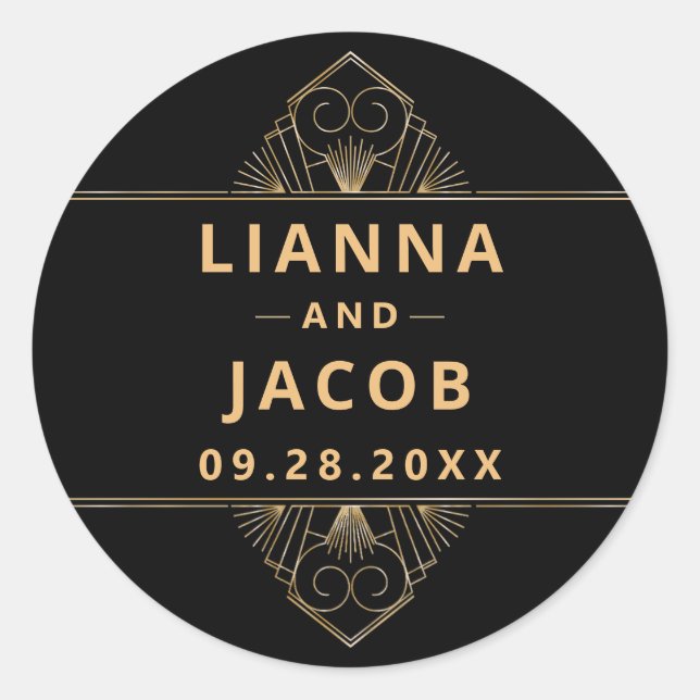 Elegant Art Deco Black Gold Classic Round Sticker (Front)