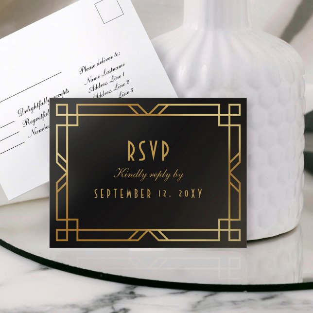Elegant Art Deco Black Gold Frame Simple RSVP Postcard (Creator Uploaded)