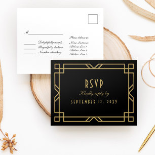 Elegant Art Deco Black Gold Frame Simple RSVP Postcard