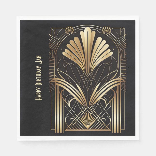 Elegant art-deco black & gold napkin personalised (Front)