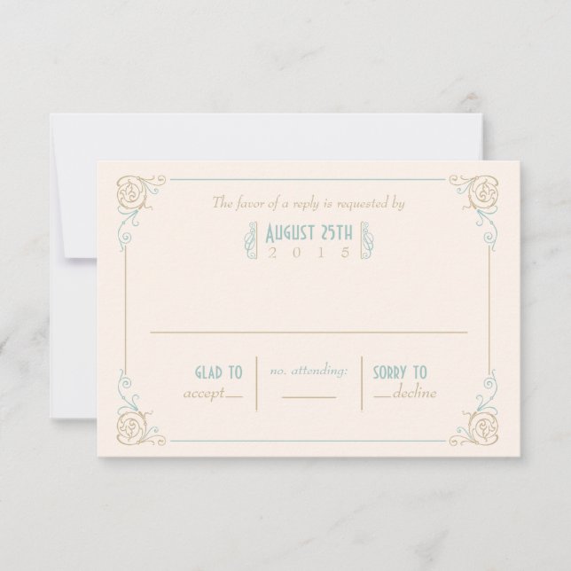 Elegant Art Deco Blue & Cream RSVP Cards (Front)