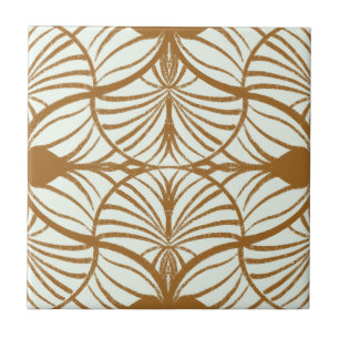 Elegant Art Deco Brown & Mint Gouache Scallops Ceramic Tile