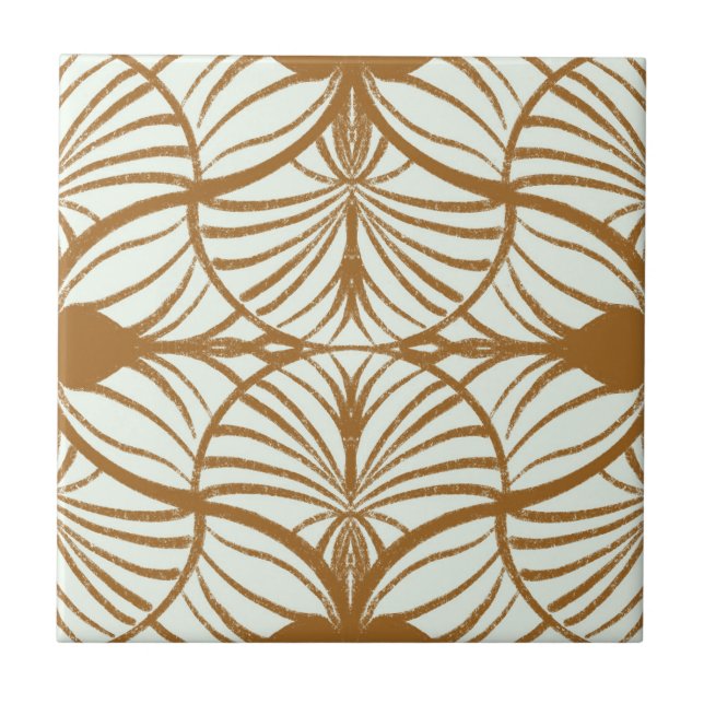 Elegant Art Deco Brown & Mint Gouache Scallops Ceramic Tile (Front)