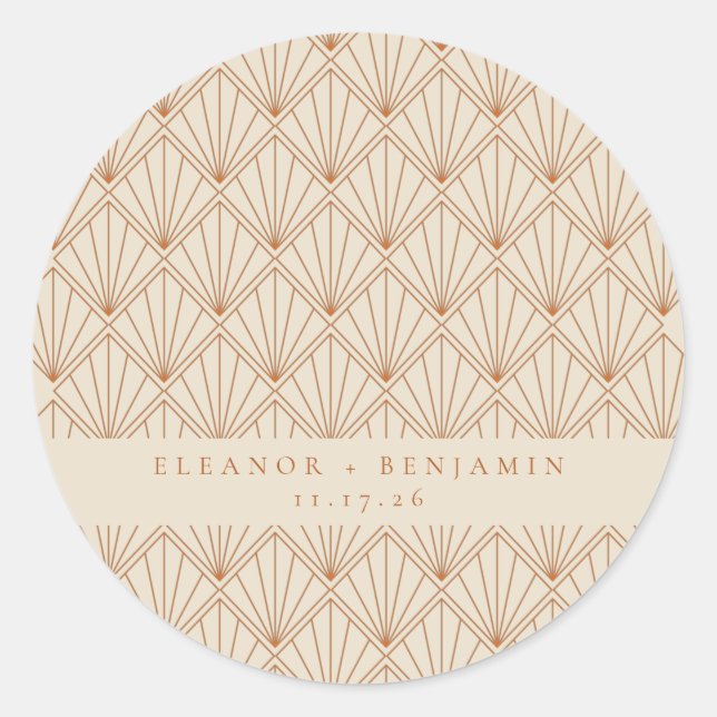 Elegant Art Deco Burnt Orange Custom Wedding Classic Round Sticker (Front)