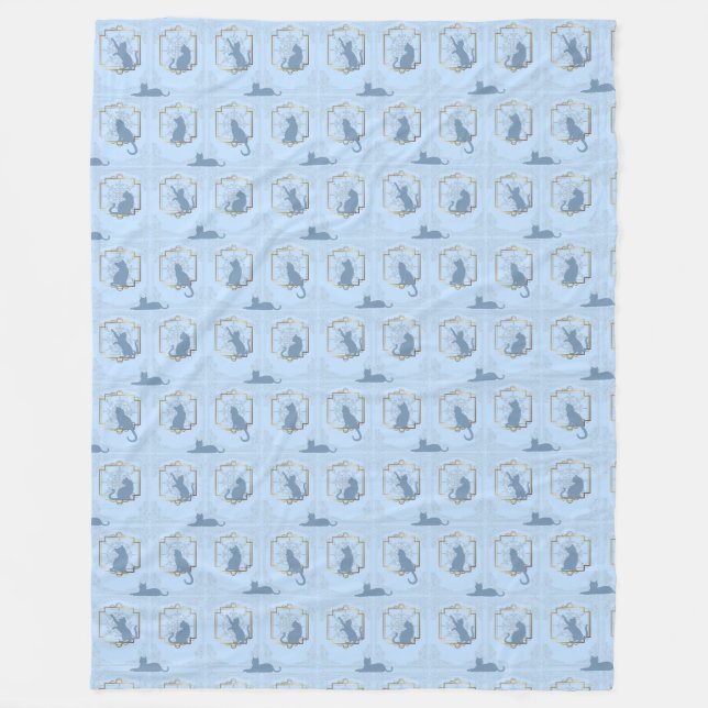 Elegant Art Deco Cats - Blue Fleece Blanket (Front)