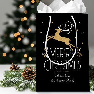 Elegant Art Deco Christmas Reindeer Black Gold Medium Gift Bag
