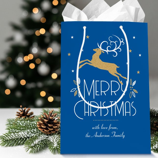 Elegant Art Deco Christmas Reindeer Blue Gold Medium Gift Bag (Creator Uploaded)