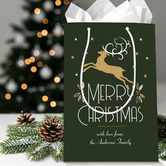 Elegant Art Deco Christmas Reindeer Deep Green Medium Gift Bag (Creator Uploaded)