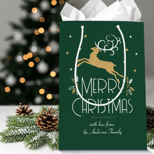 Elegant Art Deco Christmas Reindeer Green Gold Medium Gift Bag