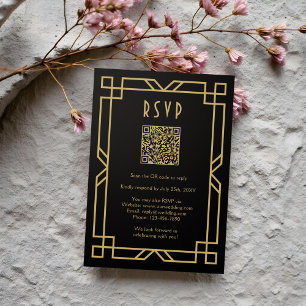 Elegant Art Deco Classic Beige Gold Black QR RSVP Card