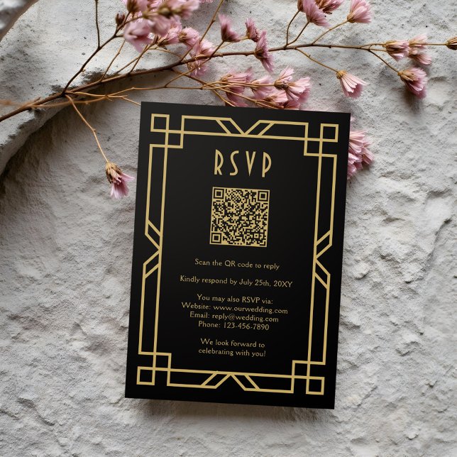 Elegant Art Deco Classic Beige Gold Black QR RSVP Card (Creator Uploaded)