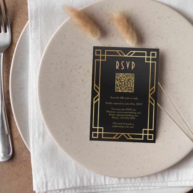 Elegant Art Deco Classic Gold Black QR RSVP Card (Creator Uploaded)