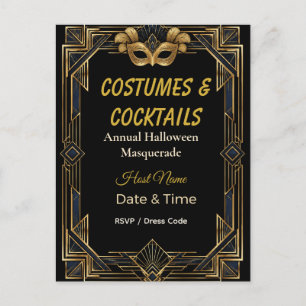 Elegant Art Deco Costumes and Cocktails Masquerade Invitation Postcard