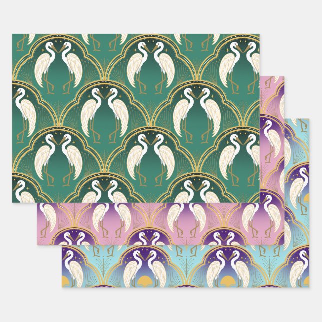 Elegant Art Deco Crane Pattern  Wrapping Paper Sheet (Set)