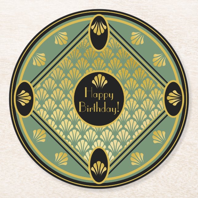Elegant Art Deco Fan Pattern Custom Text Birthday Round Paper Coaster (Front)