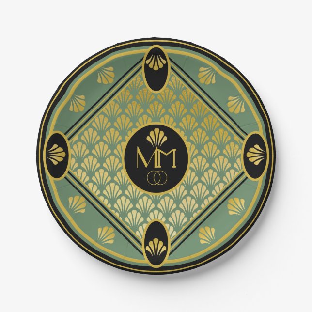 Elegant Art Deco Fan Pattern Monogram Wedding Paper Plate (Front)
