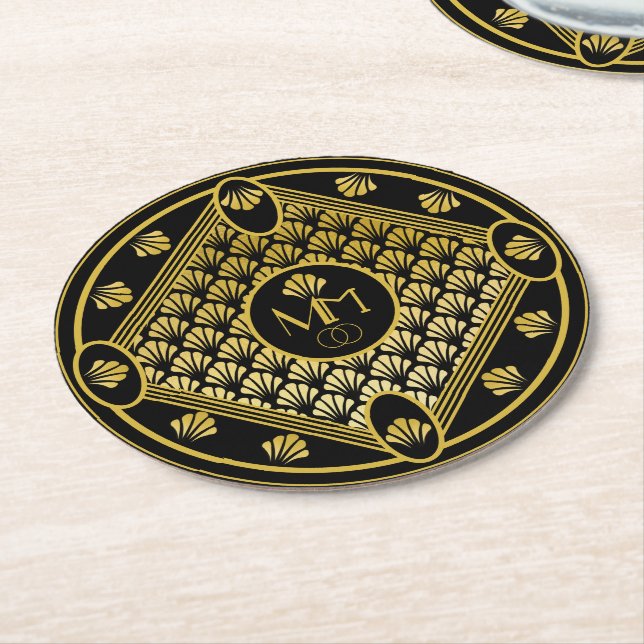 Elegant Art Deco Fan Pattern Monogram Wedding Round Paper Coaster (Angled)