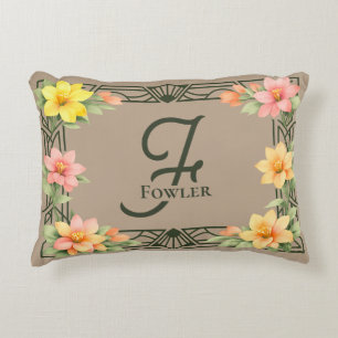 Elegant Art Deco Floral Monogram Family Name Decorative Cushion