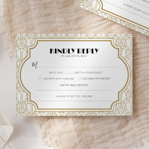 Elegant Art Deco Gatsby 1920s Wedding White Gold RSVP Card