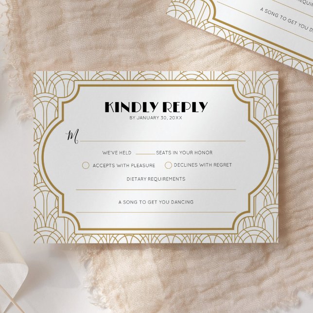 Elegant Art Deco Gatsby 1920s Wedding White Gold RSVP Card (Creator Uploaded)
