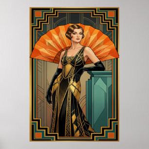 Elegant Art Deco Gatsby Woman Portrait Gold Poster