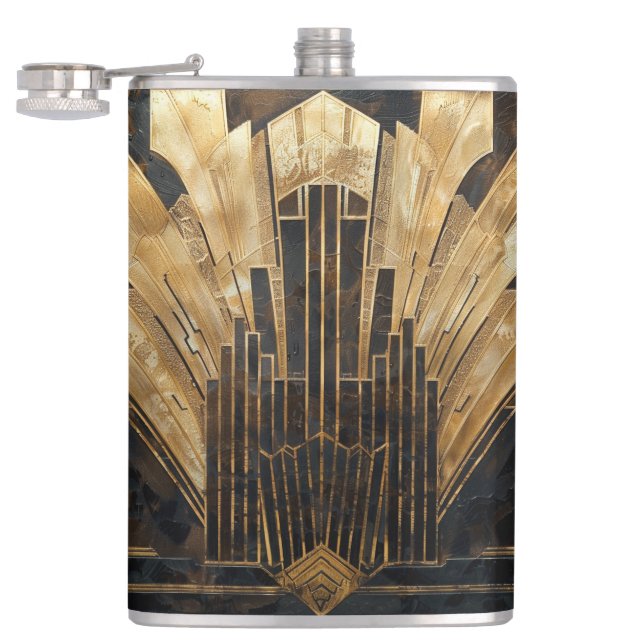  Elegant Art Deco Gold Black Cityscape Hip Flask (Opened)