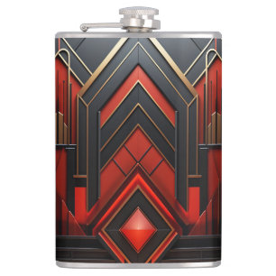 Elegant Art Deco Gold Black Red Hip Flask