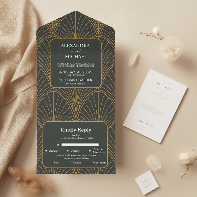 Elegant Art Deco Gold Green Wedding All In One Invitation (Creator Uploaded)