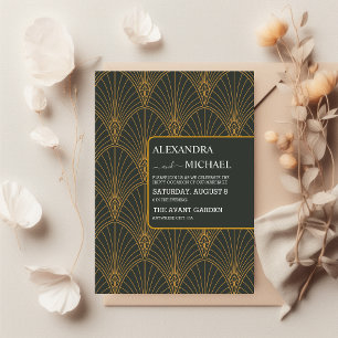 Elegant Art Deco Gold Green Wedding Invitation