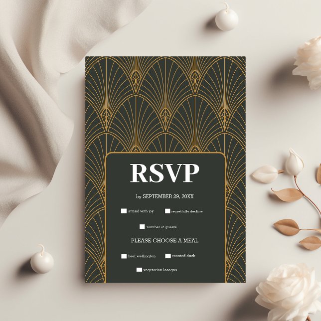 Elegant Art Deco Gold Green Wedding RSVP Card (Creator Uploaded)