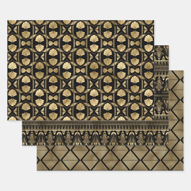 Elegant Art Deco Gold Patterns Wrapping Paper Sheet (Set)