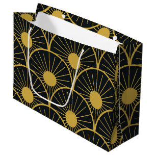 Elegant Art Deco Gold Sun Pattern on Black  Large Gift Bag