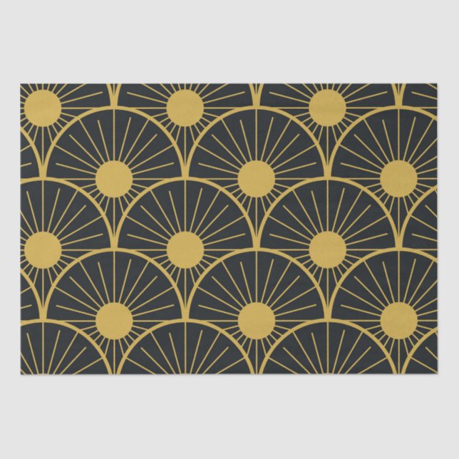 Elegant Art Deco Gold Sun Pattern on Black  Tissue Paper (Front)