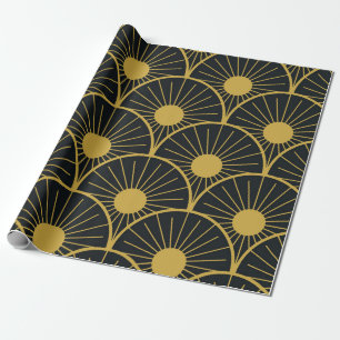 Elegant Art Deco Gold Sun Pattern on Black  Wrapping Paper
