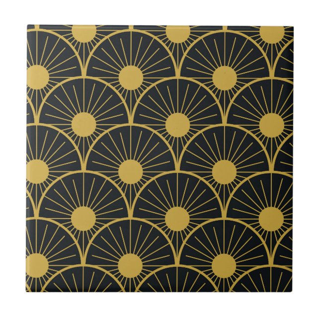 Elegant Art Deco Golden Abstract Sun on Black Ceramic Tile (Front)