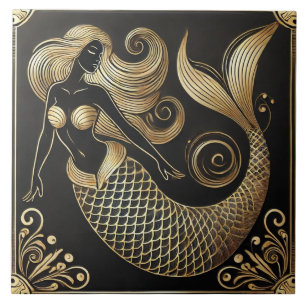 Elegant Art Deco Golden Mermaid Ceramic Tile