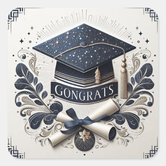 Elegant Art Deco Graduation Cap and Diploma Square Sticker (Front)