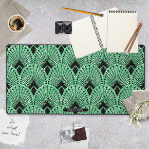 Elegant Art Deco Green Black White Peacock Pattern Desk Mat