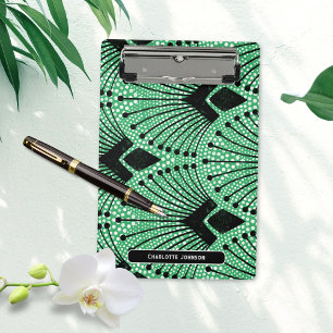Elegant Art Deco Green Black White Peacock Pattern Mini Clipboard