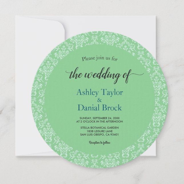 Elegant Art Deco Green Damask Formal Round Wedding Invitation (Front)
